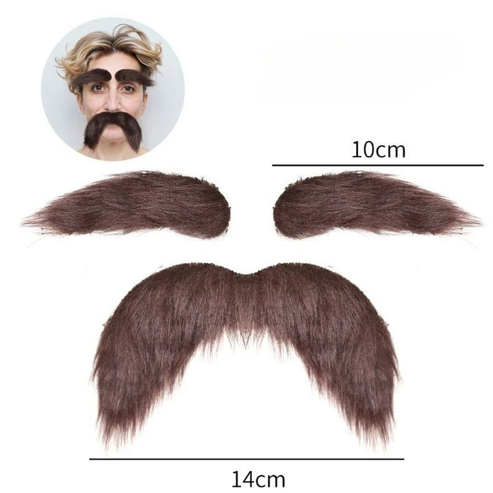 Self-Adhesive Fake Mustache and Eyebrow Set for Cosplay | Peel-and-Stick, No Glue | Soft Synthetic Fibre, Comfortable
