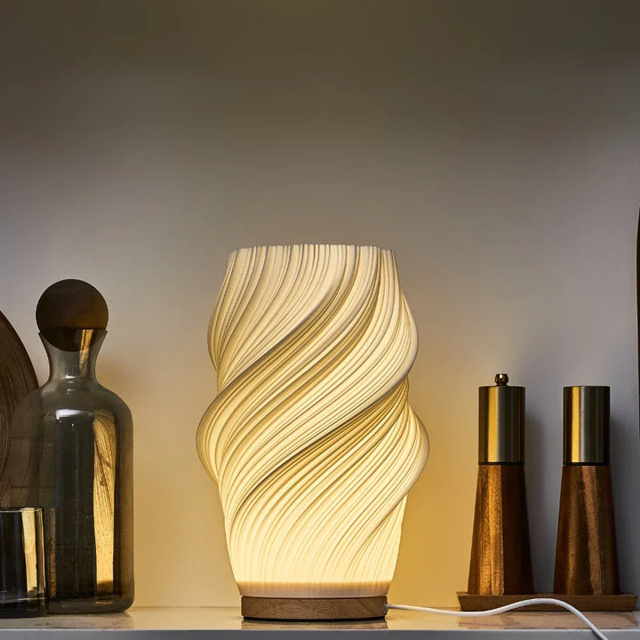 Wave Shade Table Lamp Metal &amp; Wood Base 20.5–30 cm | 3-Step Dimmable, USB-Powered | Warm &amp; Natural White Light 9