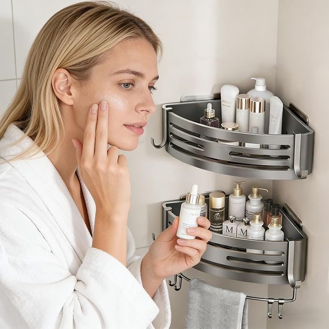 Shower Shelf | Corner Set Of Two With Side Hooks