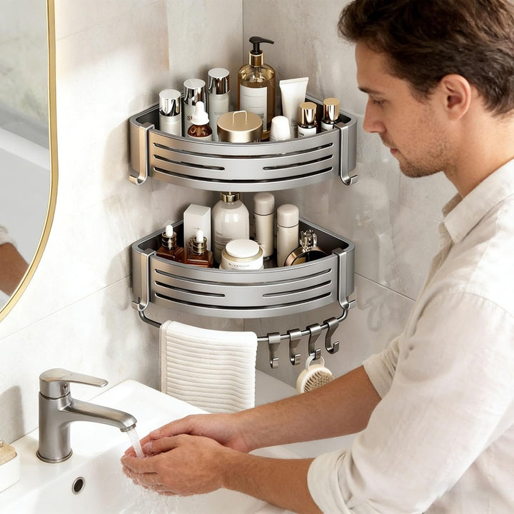 Shower Shelf | Corner Set Of Two With Side Hooks