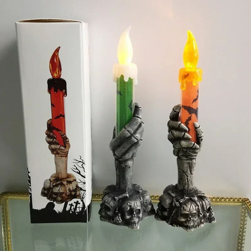 Skeleton Hand Candle Light Halloween Decoration | Flameless Flickering Flame | Battery-Powered Spooky Prop for Parties