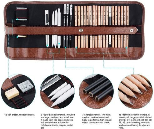 Sketching Set 29 Pieces | Graphite &amp; Charcoal Pencils with Blending Stumps | Portable Canvas Roll Storage for Travel