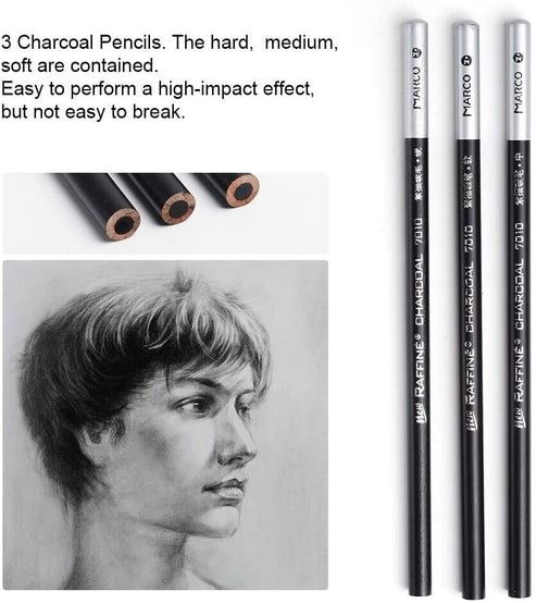 Sketching Set 29 Pieces | Graphite &amp; Charcoal Pencils with Blending Stumps | Portable Canvas Roll Storage for Travel