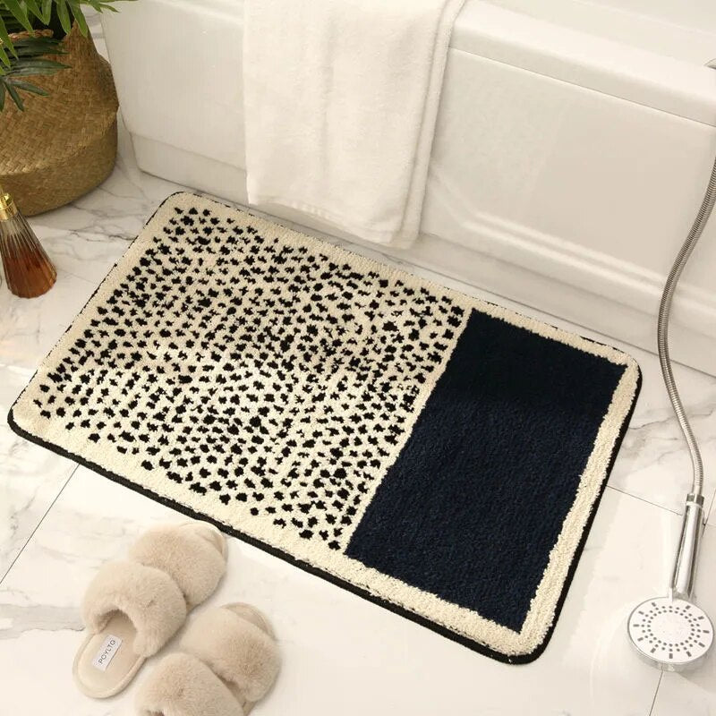 Small Bathroom Rug | Tufted Abstract Bath Mat in Cream and Black for Compact Bathrooms