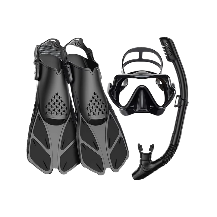 Snorkel Set | 180° Panoramic Tempered Glass Mask | Dry Top | Adjustable Fins | Anti-Fog