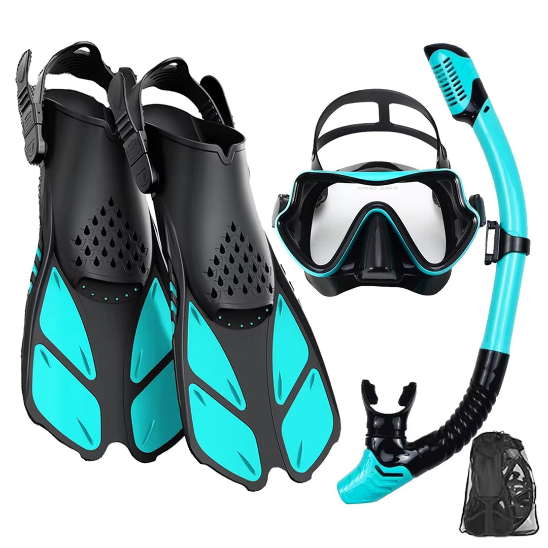 Snorkel Set | 180° Panoramic Tempered Glass Mask | Dry Top | Adjustable Fins | Anti-Fog