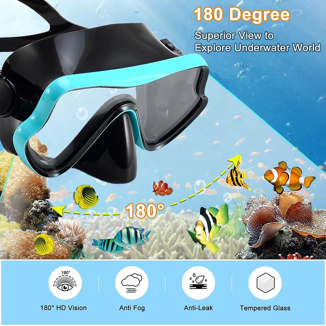 Snorkel Set | 180° Panoramic Tempered Glass Mask | Dry Top | Adjustable Fins | Anti-Fog