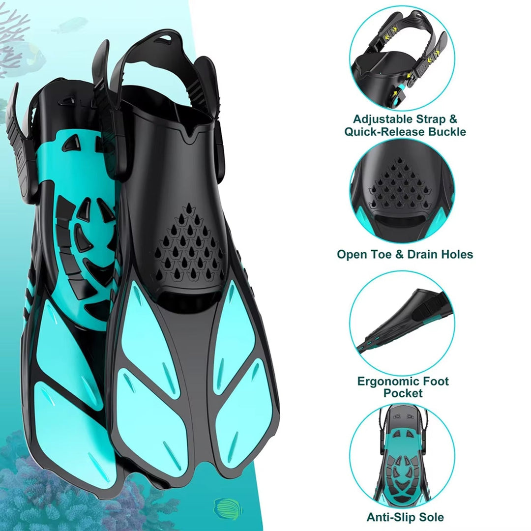 Snorkel Set | 180° Panoramic Tempered Glass Mask | Dry Top | Adjustable Fins | Anti-Fog