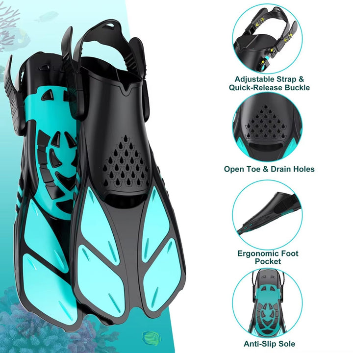 Snorkel Set | 180° Panoramic Tempered Glass Mask | Dry Top | Adjustable Fins | Anti-Fog