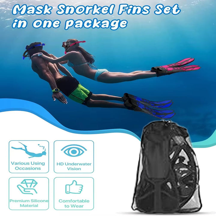 Snorkel Set | 180° Panoramic Tempered Glass Mask | Dry Top | Adjustable Fins | Anti-Fog