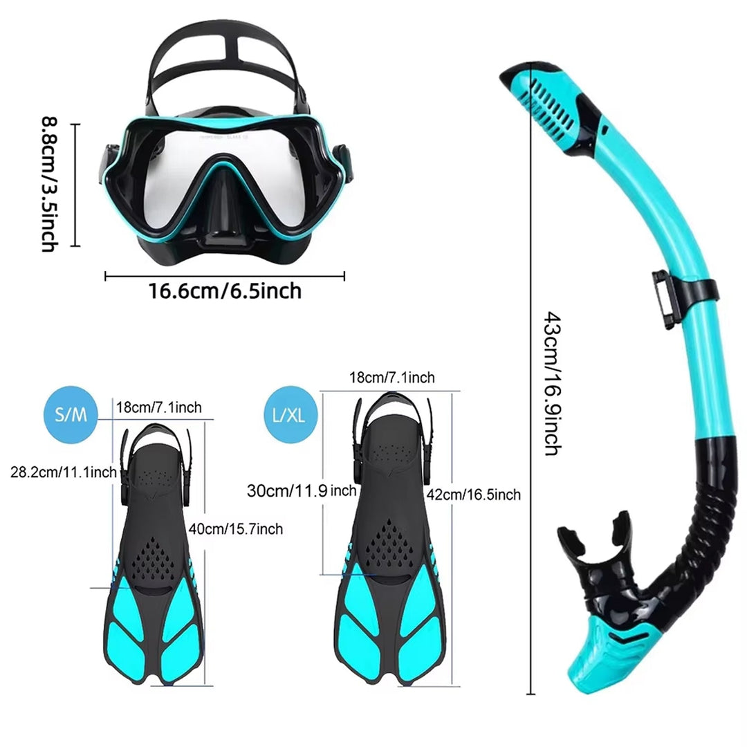 Snorkel Set | 180° Panoramic Tempered Glass Mask | Dry Top | Adjustable Fins | Anti-Fog