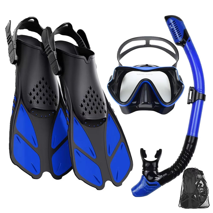 Snorkel Set | 180° Panoramic Tempered Glass Mask | Dry Top | Adjustable Fins | Anti-Fog