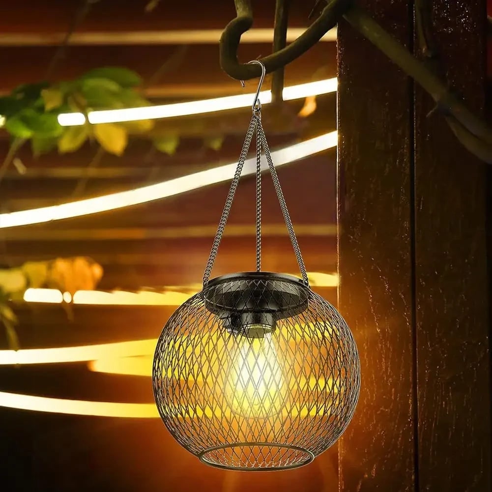 Solar Hanging Lantern for Halloween | Black Wire Mesh Globe, Warm LED | Weather-Resistant, Solar Powered, No Wiring
