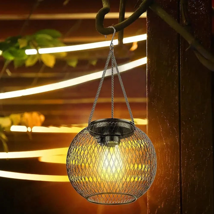Solar Hanging Lantern for Halloween | Black Wire Mesh Globe, Warm LED | Weather-Resistant, Solar Powered, No Wiring