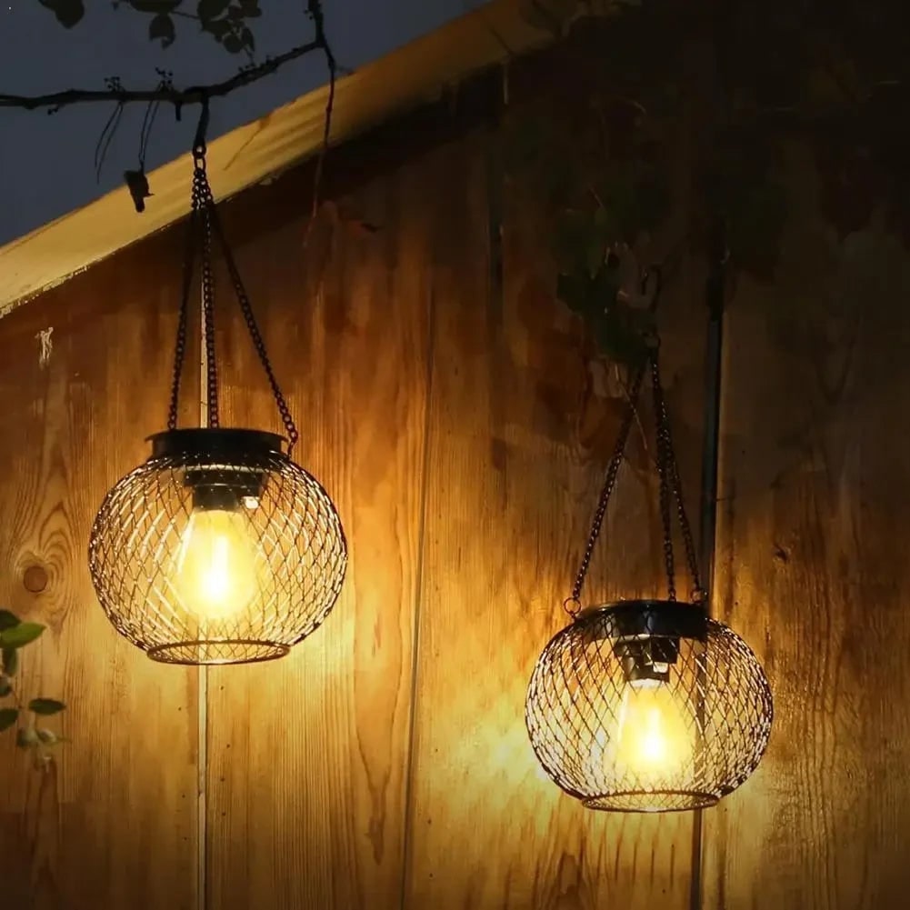 Solar Hanging Lantern for Halloween | Black Wire Mesh Globe, Warm LED | Weather-Resistant, Solar Powered, No Wiring