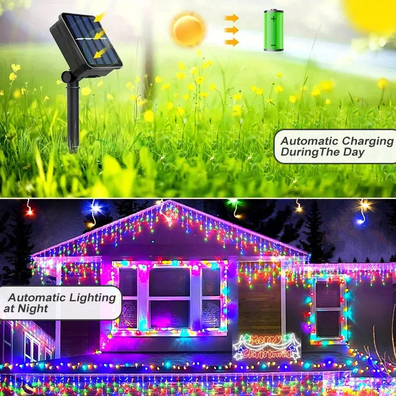 Solar Icicle String Lights for Christmas & Halloween | 8 Lighting Modes, 96/162 LED Options | Waterproof & Solar Powered