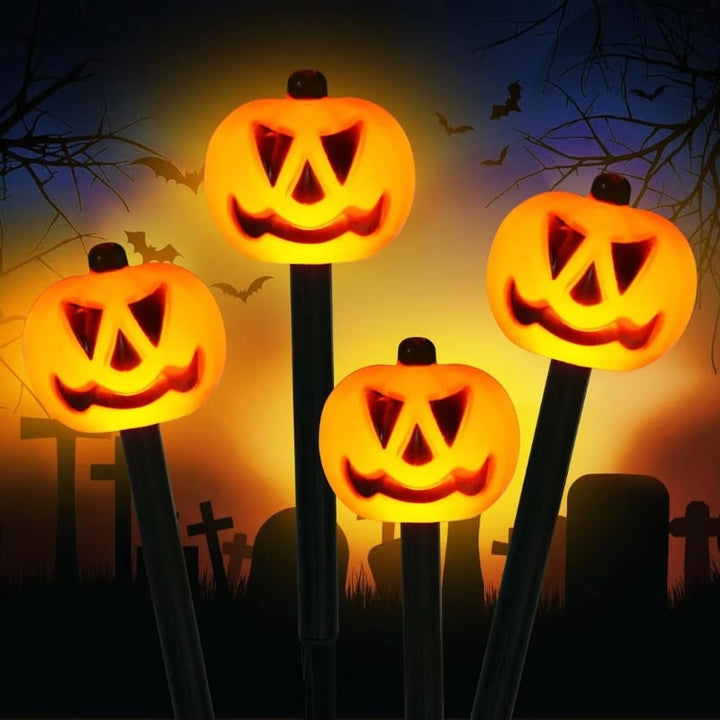 Solar Pathway Lights Pumpkin Jack-O-Lantern | Set of 5 Stakes | Weatherproof, Auto-On LED Halloween Decoration