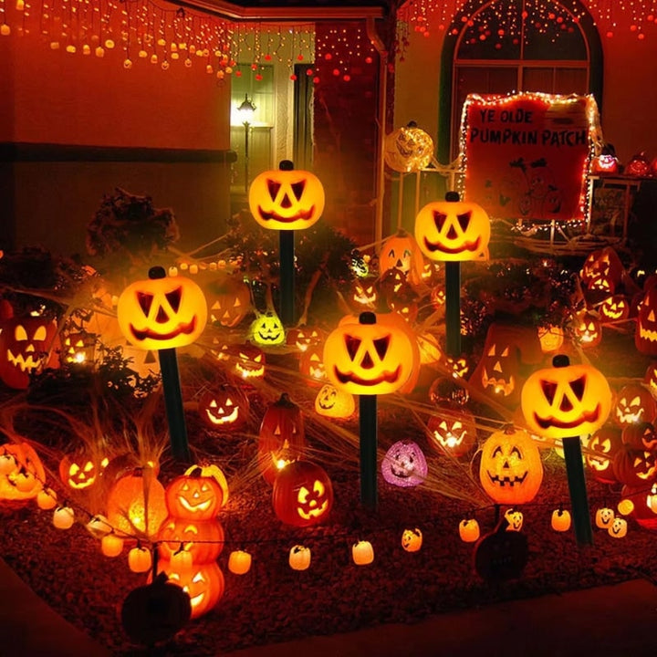 Solar Pathway Lights Pumpkin Jack-O-Lantern | Set of 5 Stakes | Weatherproof, Auto-On LED Halloween Decoration