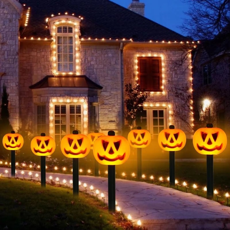 Solar Pathway Lights Pumpkin Jack-O-Lantern | Set of 5 Stakes | Weatherproof, Auto-On LED Halloween Decoration