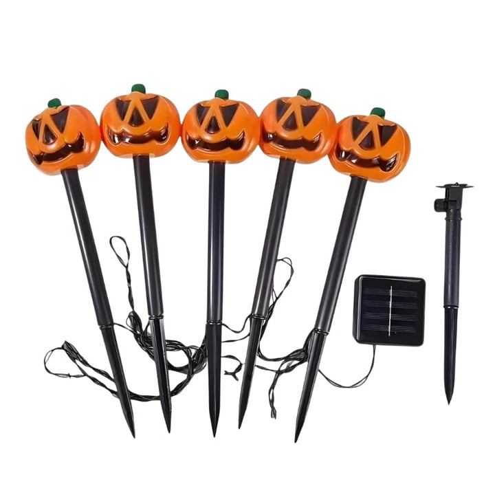 Solar Pathway Lights Pumpkin Jack-O-Lantern | Set of 5 Stakes | Weatherproof, Auto-On LED Halloween Decoration
