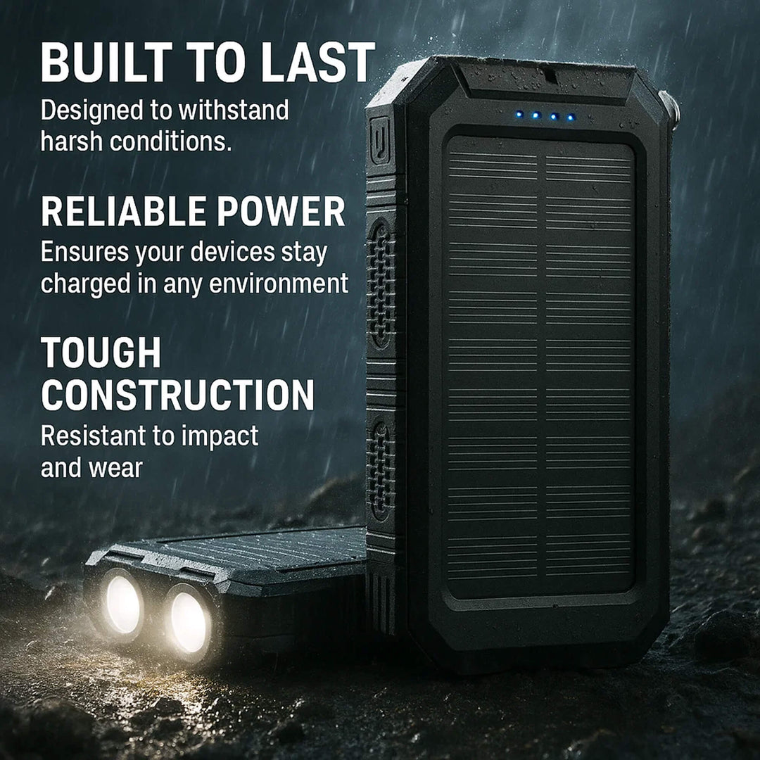 Solar Power Bank 20000mAh | Waterproof Shockproof Design | Solar + USB Charging, Multi-Mode LED Torch for Camping &amp; Outdoors