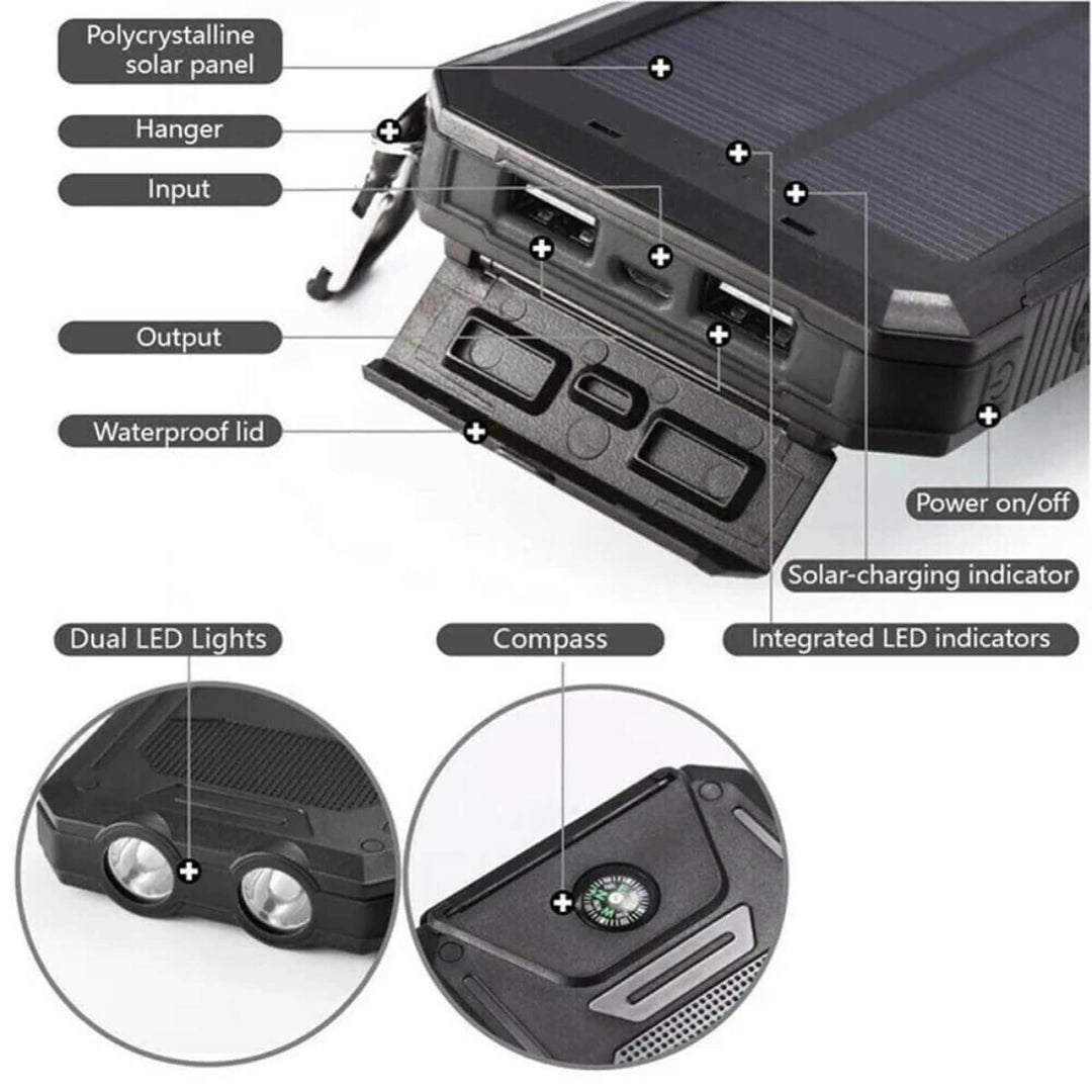 Solar Power Bank 20000mAh | Waterproof Shockproof Design | Solar + USB Charging, Multi-Mode LED Torch for Camping &amp; Outdoors