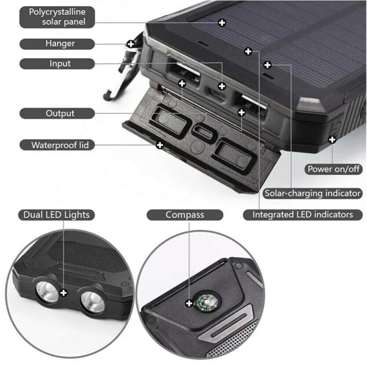 Solar Power Bank 20000mAh | Waterproof Shockproof Design | Solar + USB Charging, Multi-Mode LED Torch for Camping &amp; Outdoors