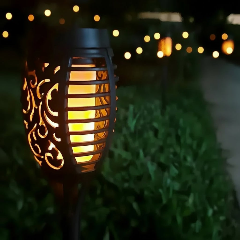 Solar Torch Lights with Flickering Flame Effect | Halloween Decor, 1-8 Pack | Weatherproof Black Ground Stake Design