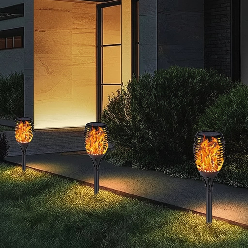 Solar Torch Lights with Flickering Flame Effect | Halloween Decor, 1-8 Pack | Weatherproof Black Ground Stake Design