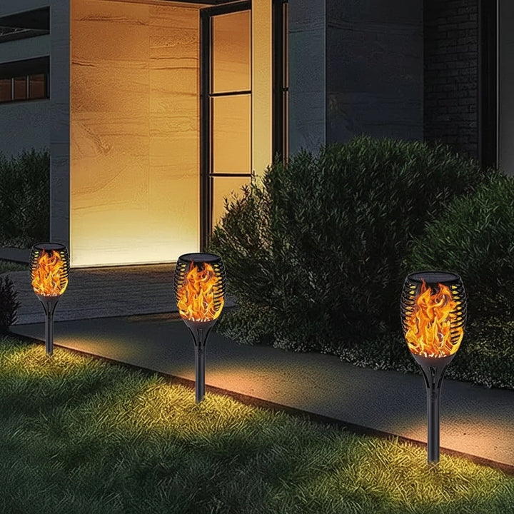Solar Torch Lights with Flickering Flame Effect | Halloween Decor, 1-8 Pack | Weatherproof Black Ground Stake Design