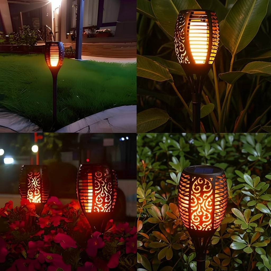 Solar Torch Lights with Flickering Flame Effect | Halloween Decor, 1-8 Pack | Weatherproof Black Ground Stake Design
