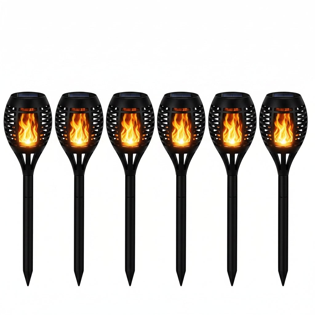 Solar Torch Lights with Flickering Flame Effect | Halloween Decor, 1-8 Pack | Weatherproof Black Ground Stake Design