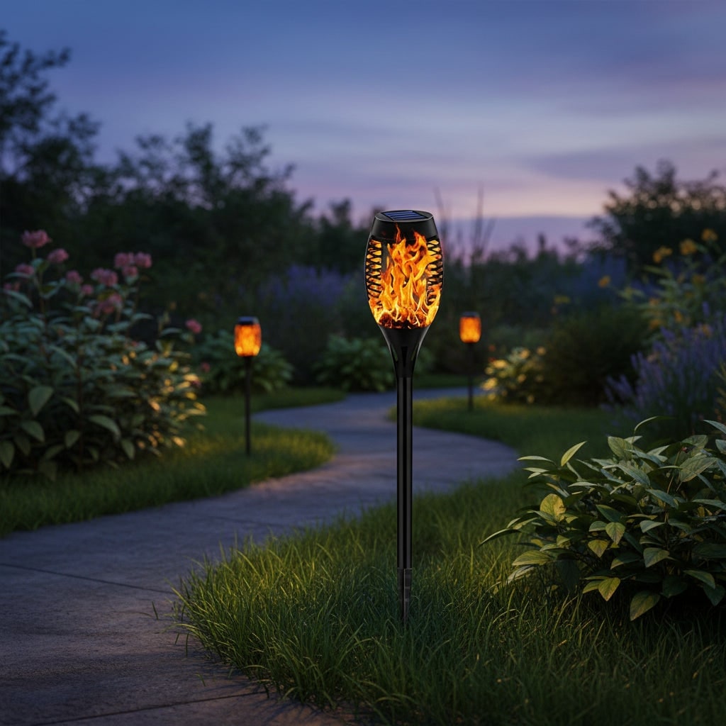 Solar Torch Lights with Flickering Flame Effect | Halloween Decor, 1-8 Pack | Weatherproof Black Ground Stake Design