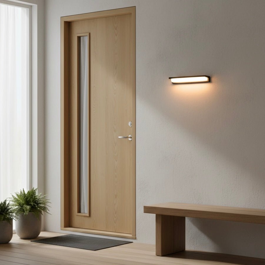 Modern Solara outdoor wall lamp with solar-powered LED for patios, balconies, and gardens.