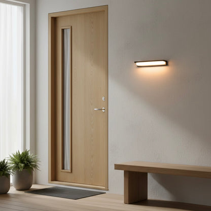 Modern Solara outdoor wall lamp with solar-powered LED for patios, balconies, and gardens.