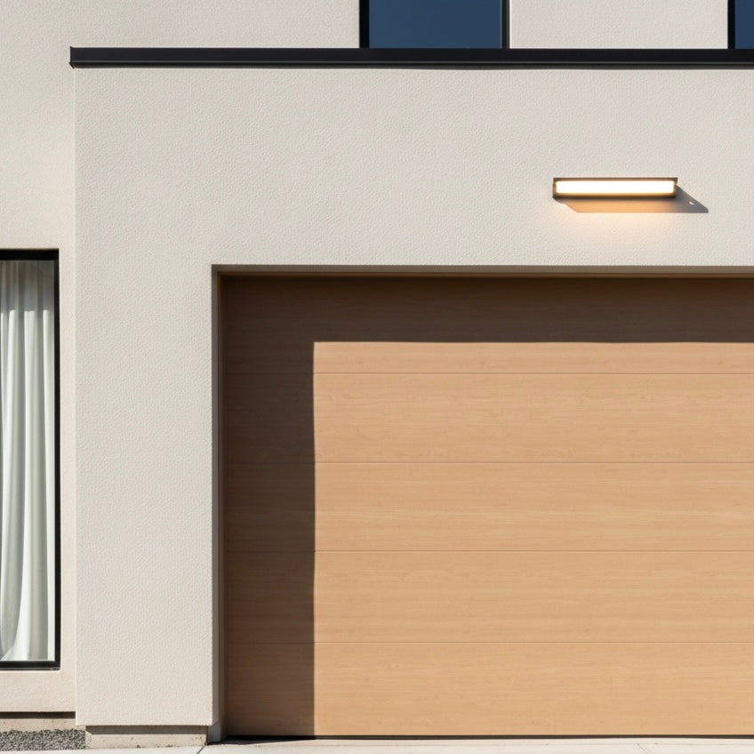 Modern Solara outdoor wall lamp with solar-powered LED for patios, balconies, and gardens.