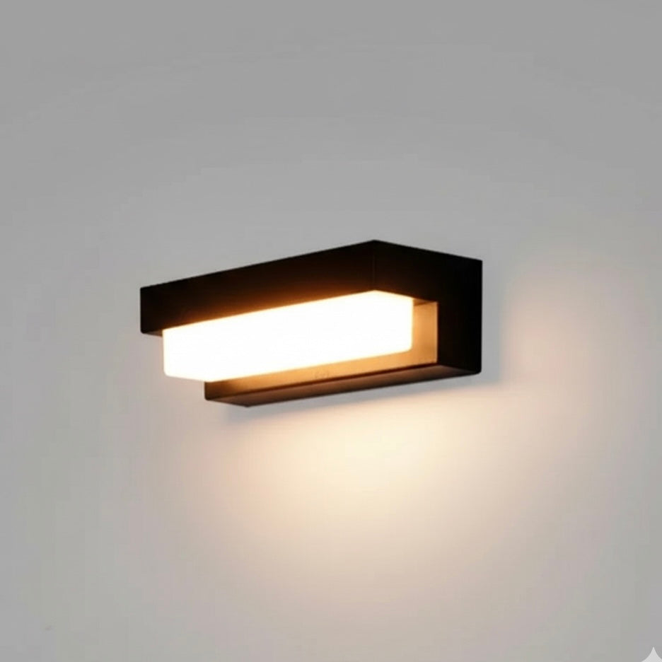 Modern Solara outdoor wall lamp with solar-powered LED for patios, balconies, and gardens.