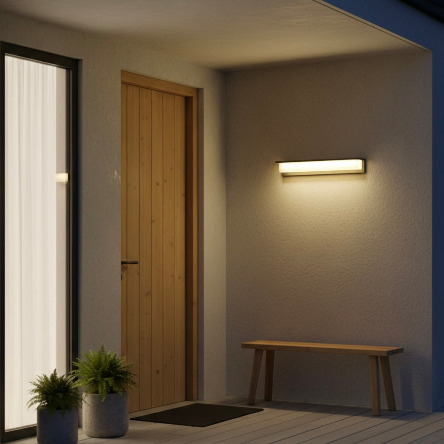Modern Solara outdoor wall lamp with solar-powered LED for patios, balconies, and gardens.