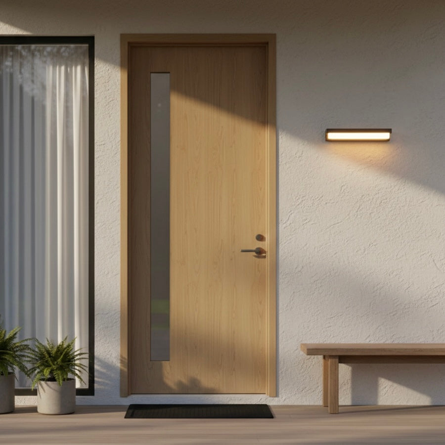 Modern Solara outdoor wall lamp with solar-powered LED for patios, balconies, and gardens.