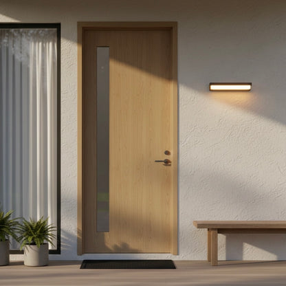 Modern Solara outdoor wall lamp with solar-powered LED for patios, balconies, and gardens.