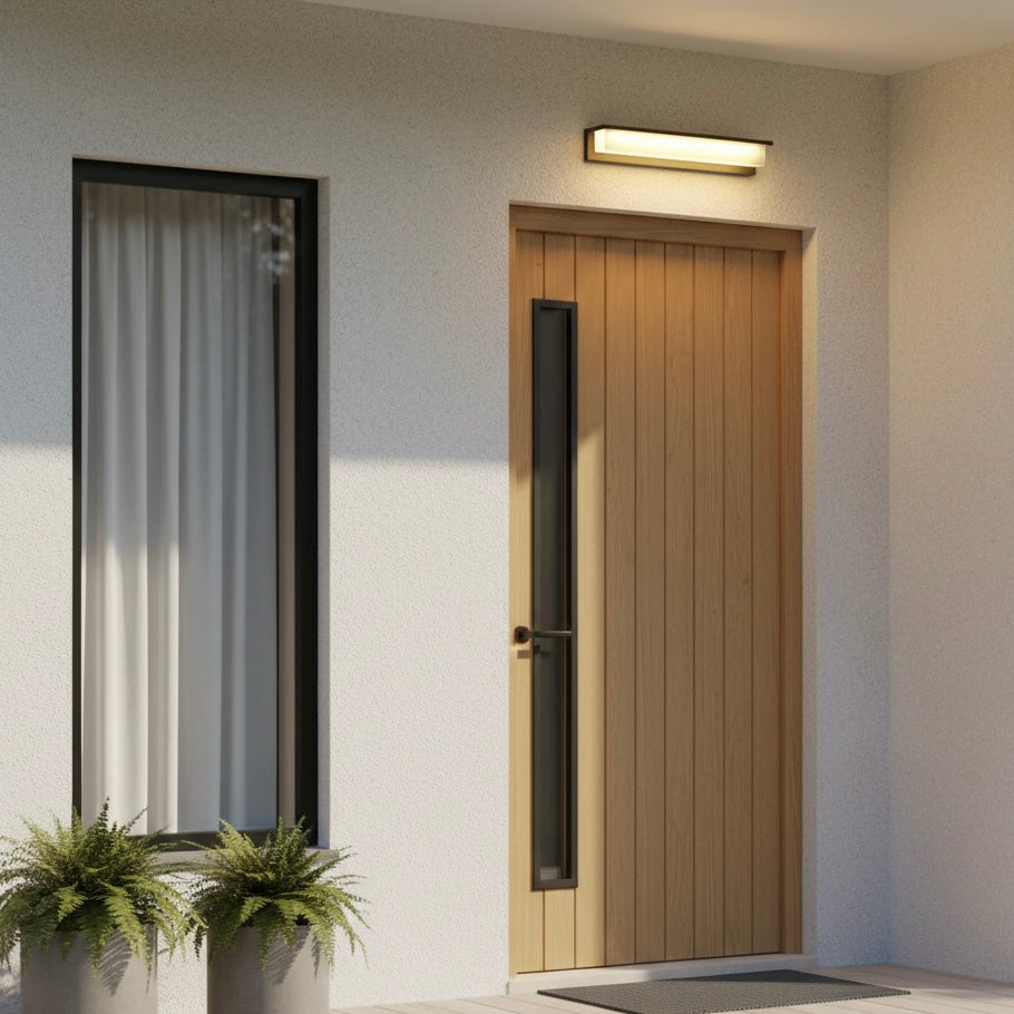 Modern Solara outdoor wall lamp with solar-powered LED for patios, balconies, and gardens.