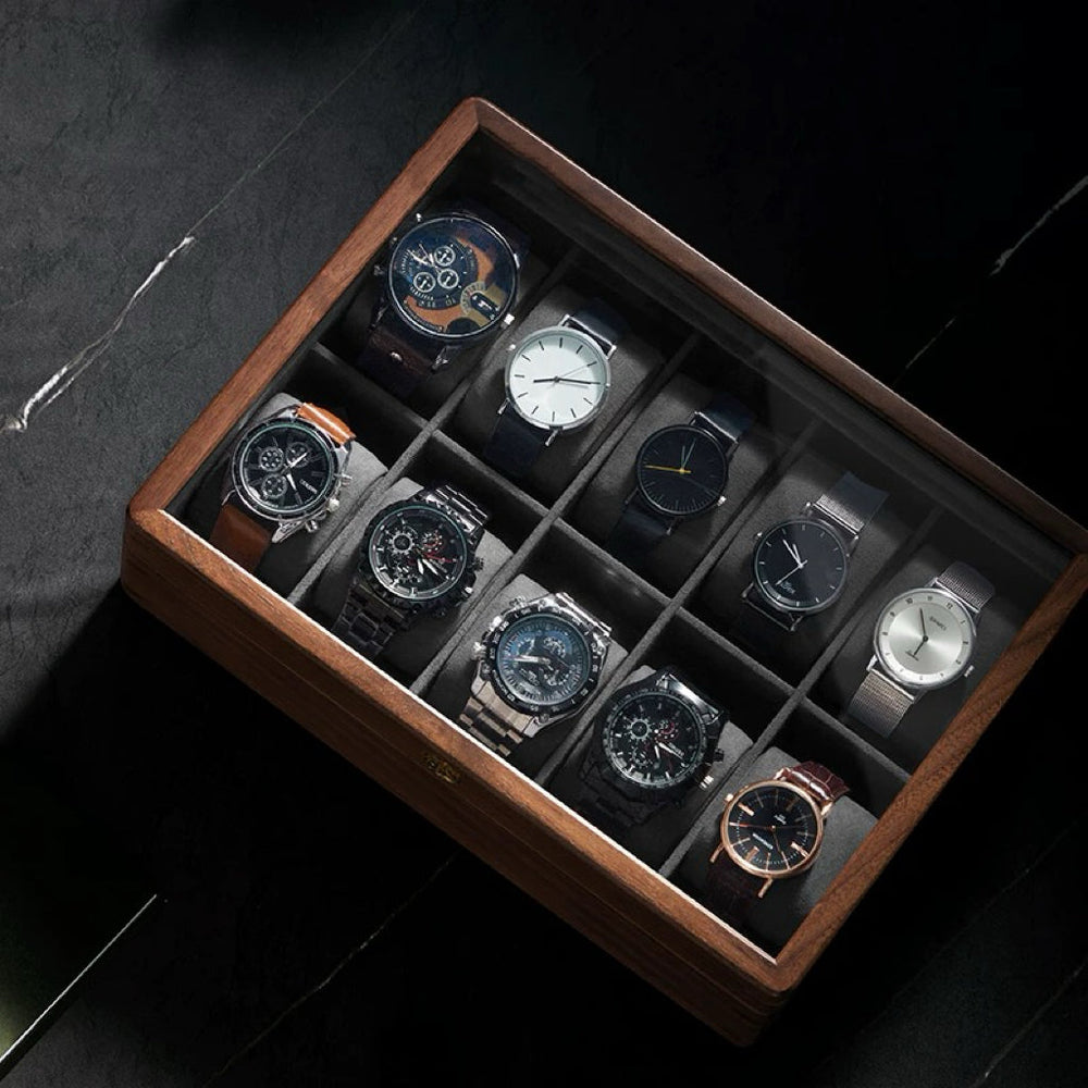 Solid Walnut Watch Box | Tempered Glass Top | Padded Cushions | 3, 5 & 10 Slot Options