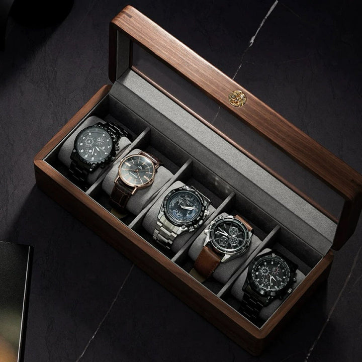 Solid Walnut Watch Box | Tempered Glass Top | Padded Cushions | 3, 5 &amp; 10 Slot Options