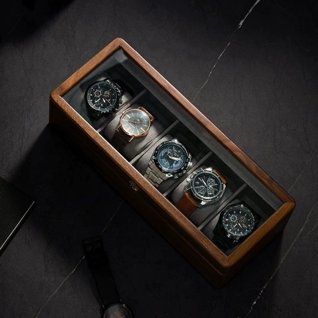 Solid Walnut Watch Box | Tempered Glass Top | Padded Cushions | 3, 5 &amp; 10 Slot Options