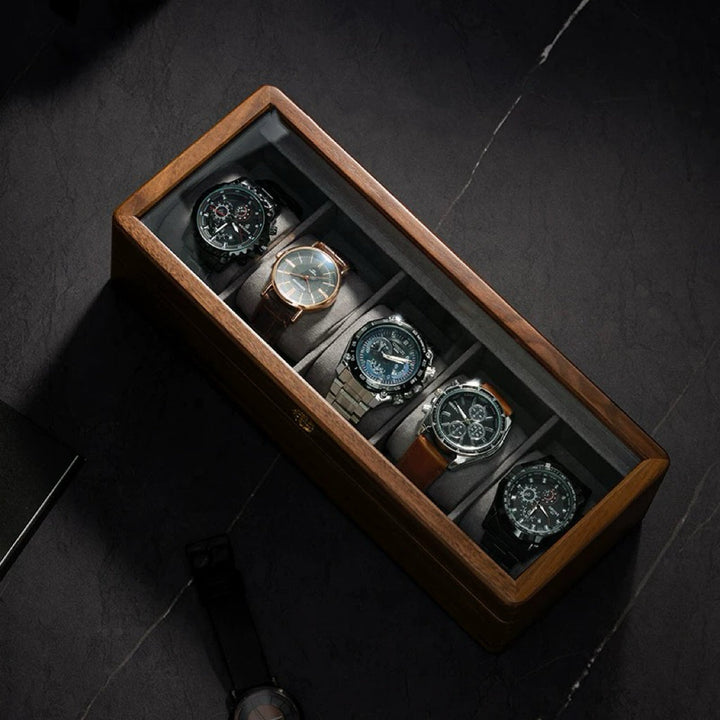 Solid Walnut Watch Box | Tempered Glass Top | Padded Cushions | 3, 5 &amp; 10 Slot Options