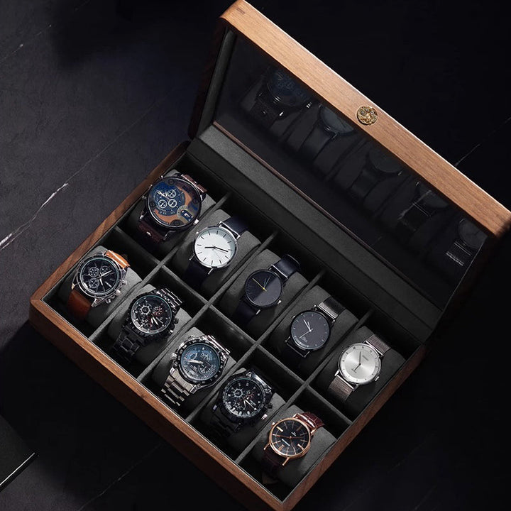 Solid Walnut Watch Box | Tempered Glass Top | Padded Cushions | 3, 5 &amp; 10 Slot Options