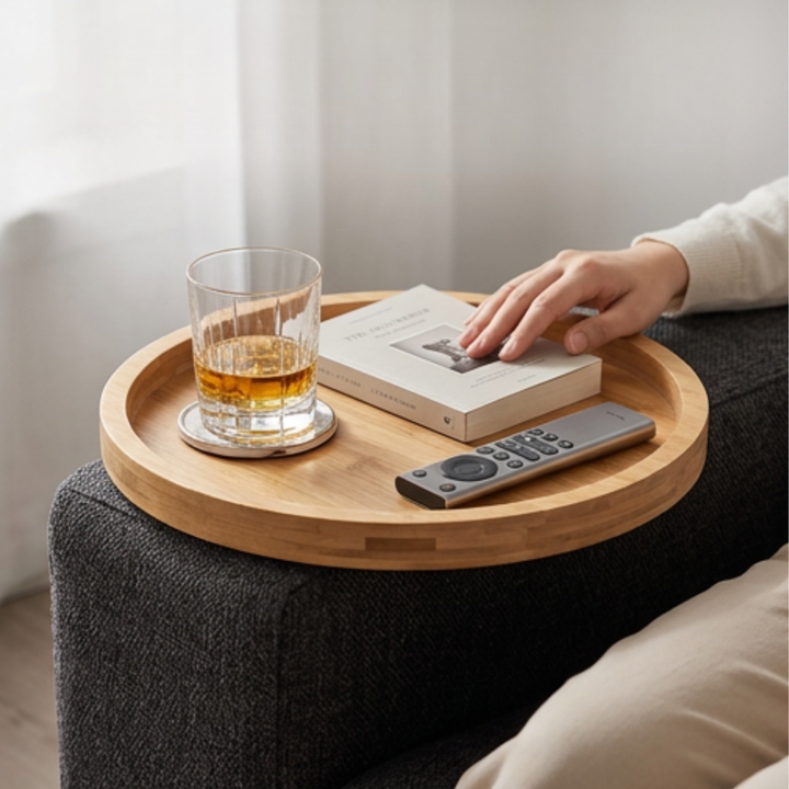Solid Wood Sofa Armrest Tray | Foldable Round Table