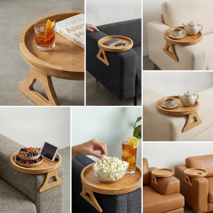 Solid Wood Sofa Armrest Tray | Foldable Round Table