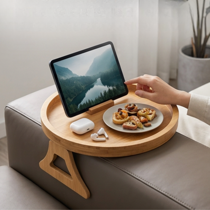 Solid Wood Sofa Armrest Tray | Foldable Round Table