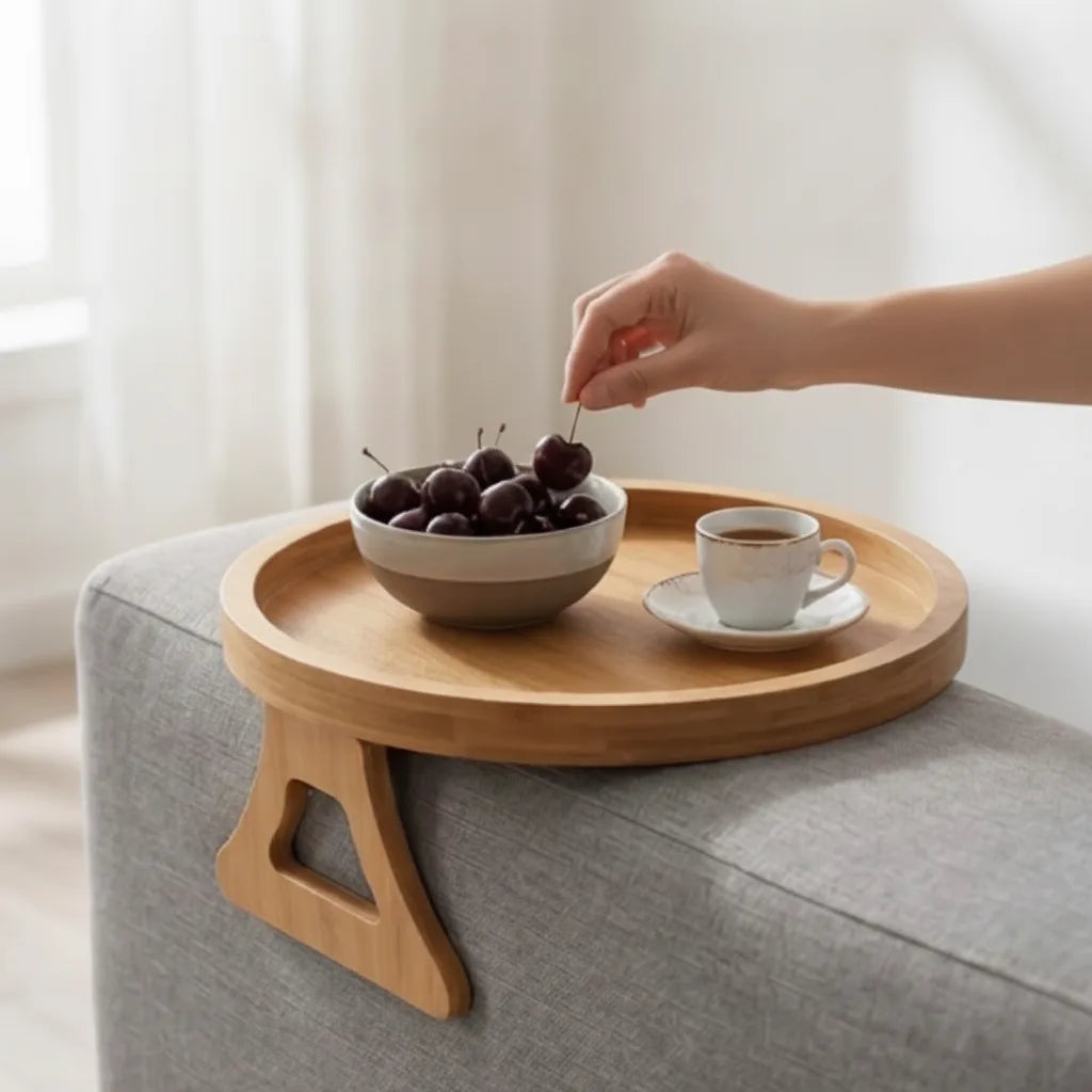 Solid Wood Sofa Armrest Tray | Foldable Round Table